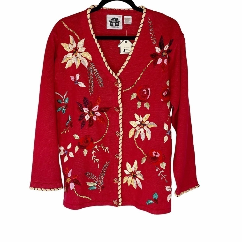 Storybook Knits‎ Vintage Holiday Floral Christmas Cardigan Sweater Large